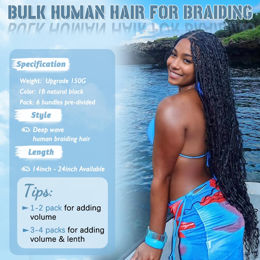 Boho Hair for Braiding 150g 6 Bundles/Pack 20 Inch Human Braiding Hair for Boho Braids Curly Deep Wave Bulk Human Hair Bundles 12A Wet and Wavy Braiding Hair Natural Color
