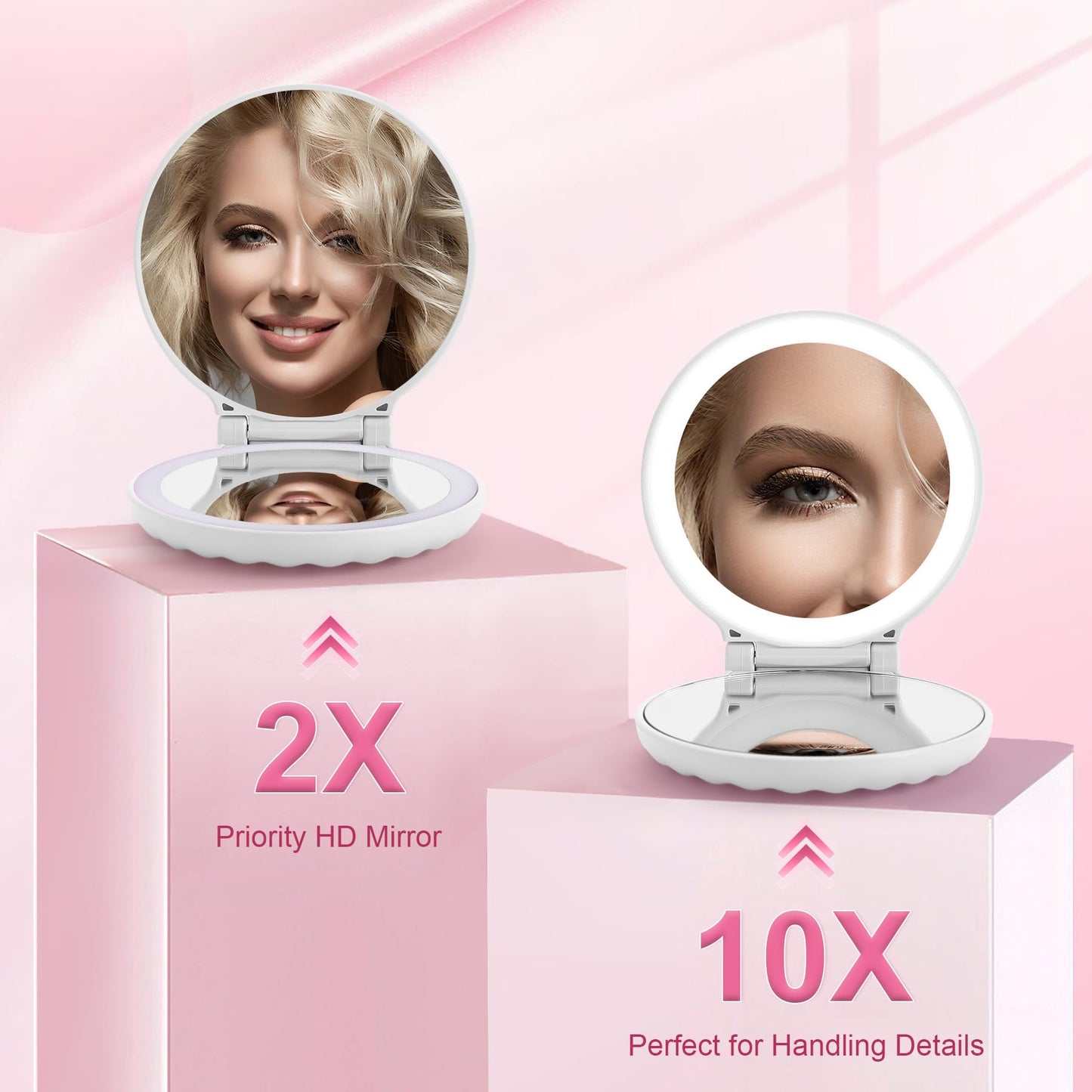 Compact Makeup Mirror with Lights Travel Mirror with Light Small Compact Mirror 2x/10x Magnification & LED Lighted,Rechargeable Compact Mirror Portable Adjustable Pocket, White