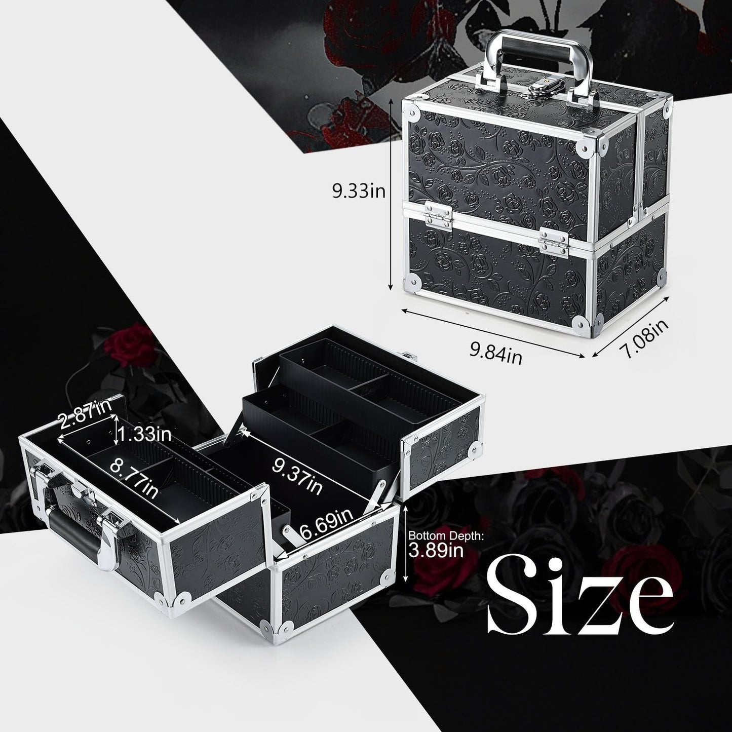 FRENESSA Makeup Train Case Cosmetic Box Portable Makeup Case Organizer 4 Trays Travel Case Storage with Dividers Lockable for Make up Artist Crafter Nail Kits Tools Black Floral