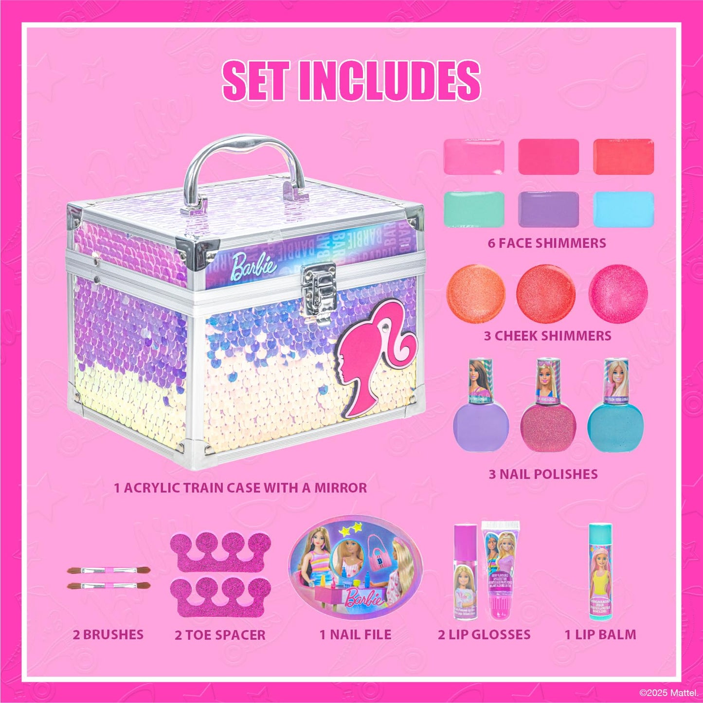 Barbie Makeup Set for Kids Girsl with Train Case, Includes Nail Polish, Lip Gloss and more, Kids Makeup Kit for Girls, Play Makeup, Party Favor, Birthday, For Kids Ages 3+, by Townley Girl