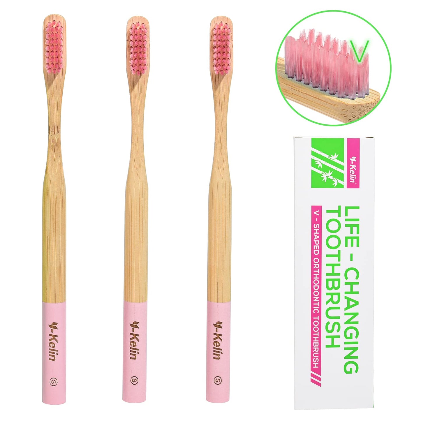 Y-Kelin Bamboo V-Shaped Orthodontic Toothbrush, 3pcs, Pink