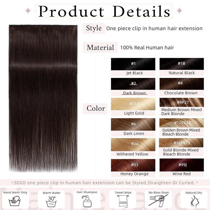 SEGO One Piece Clip in Extensions, 5 Clips Real Human Hair Extensions, Long Straight, 20 inches, #02 Dark Brown