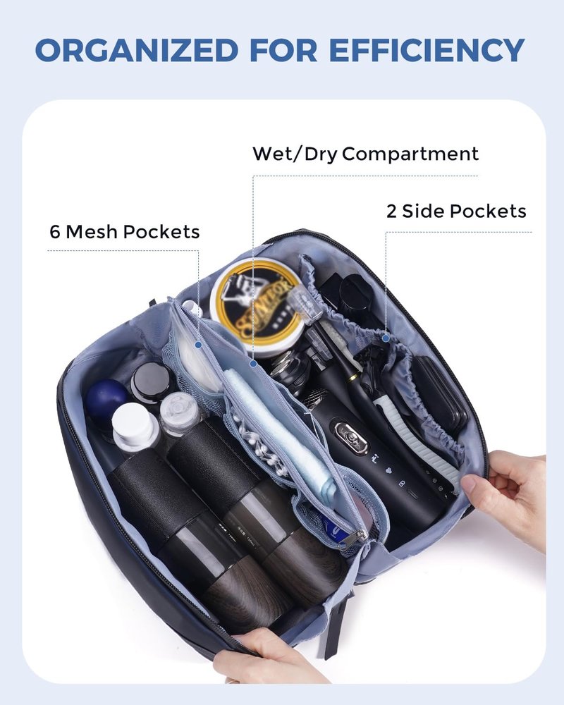 WANDF Toiletry Bag for Men, PU Leather Dopp Kit with Detachable Waterproof Hanging Pouch and Wet Pocket (Navy Blue)