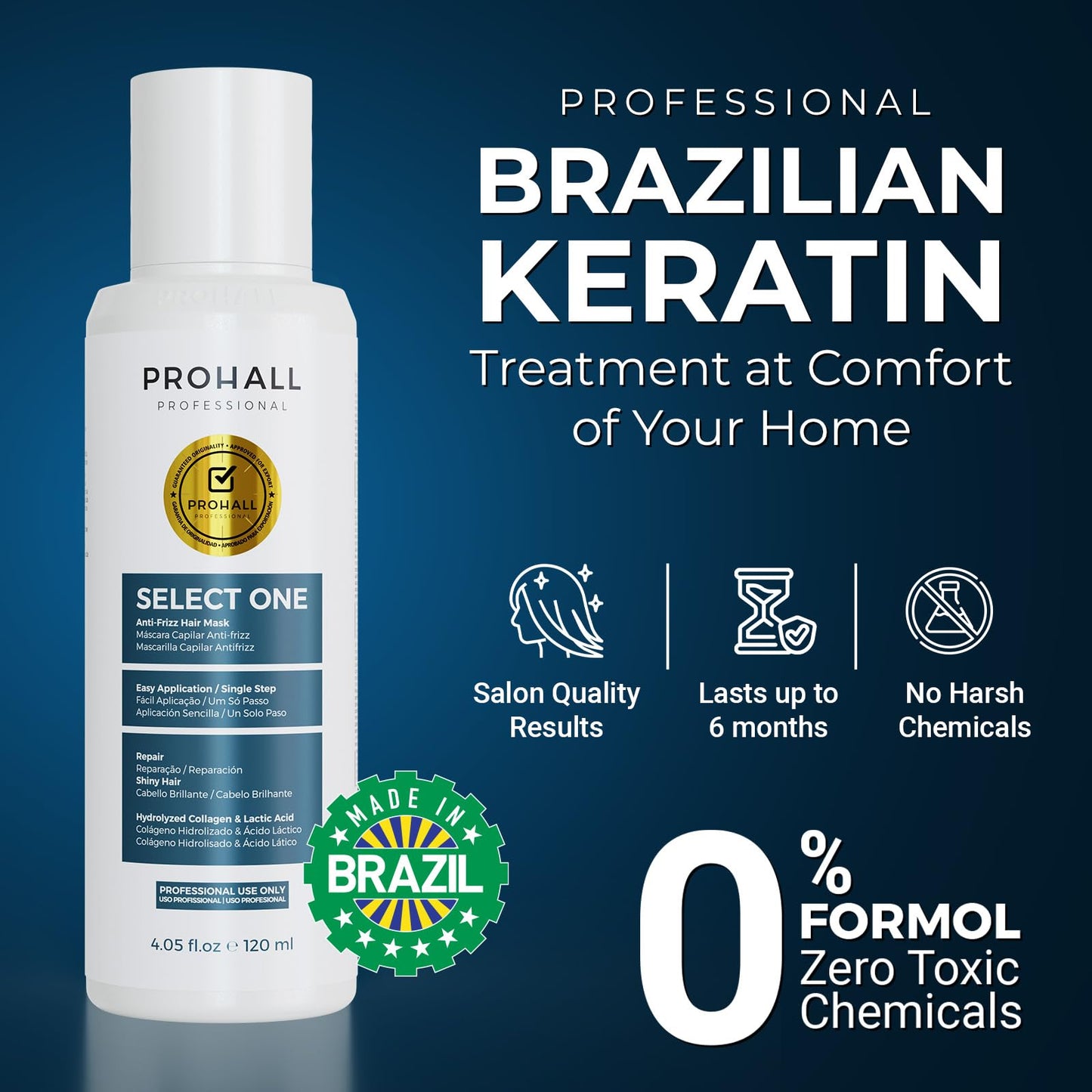 Brazilian Keratin Treatment Blowout Complex-PROHALL SELECT ONE -Formaldehyde Free Keratin Hair Treatment at Home-Queratina Brasileña Keratina Para Alisar el Pelo Sin Formol