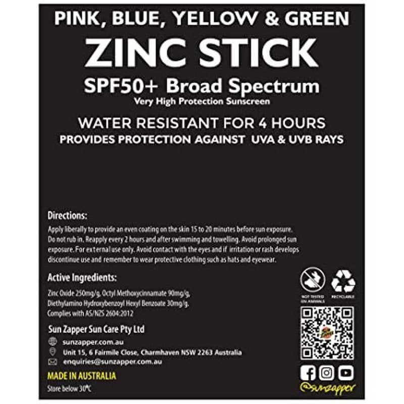 Zinc Oxide Mineral Sunscreen Stick - SPF 50+ Water Resistant | 4-Pack Rainbow Colors (Pink, Blue, Green, Yellow) - For Face & Body