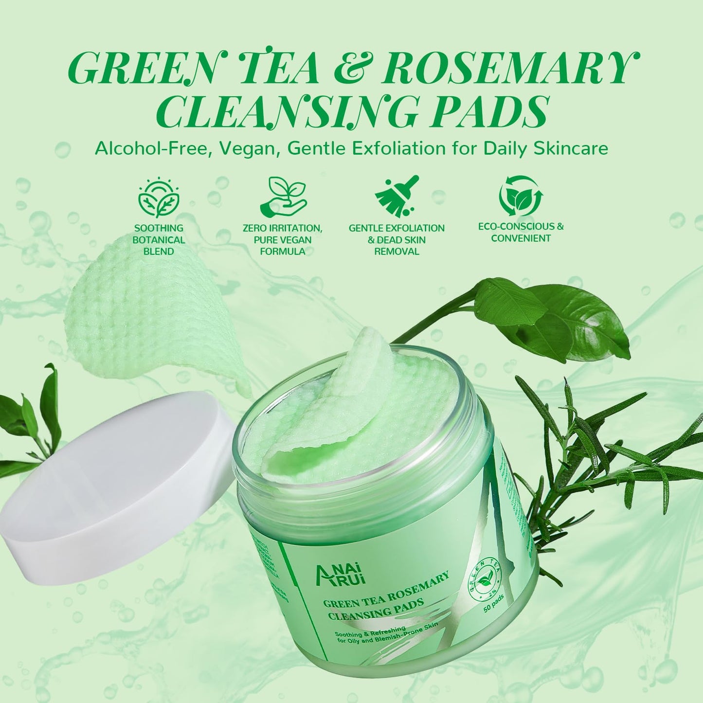 ANAI RUI Green Tea Rosemary Cleansing Pads, 50pcs