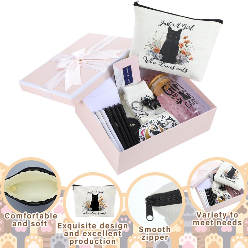 Aliceset 62 Pcs Cat Lover Gifts for Women Sets Include Tote Makeup Bag 18oz Glass Coffee Mugs Socks Pen Keychain Greeting Cards Cat Themed Gifts for Women Friend