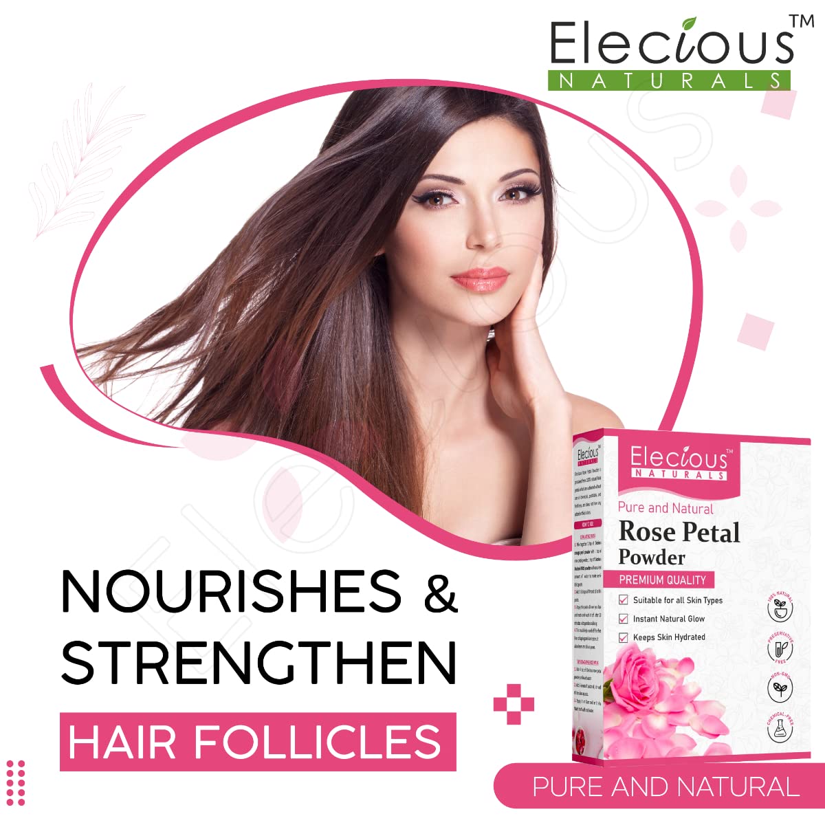 Elecious Pure Rose Petals Powder for Face, Skin and Hair Chemical-Free, Preservative Free, Non-GMO, No Artificial Color Added Moisturizes Dry Hair Cells 200gm
