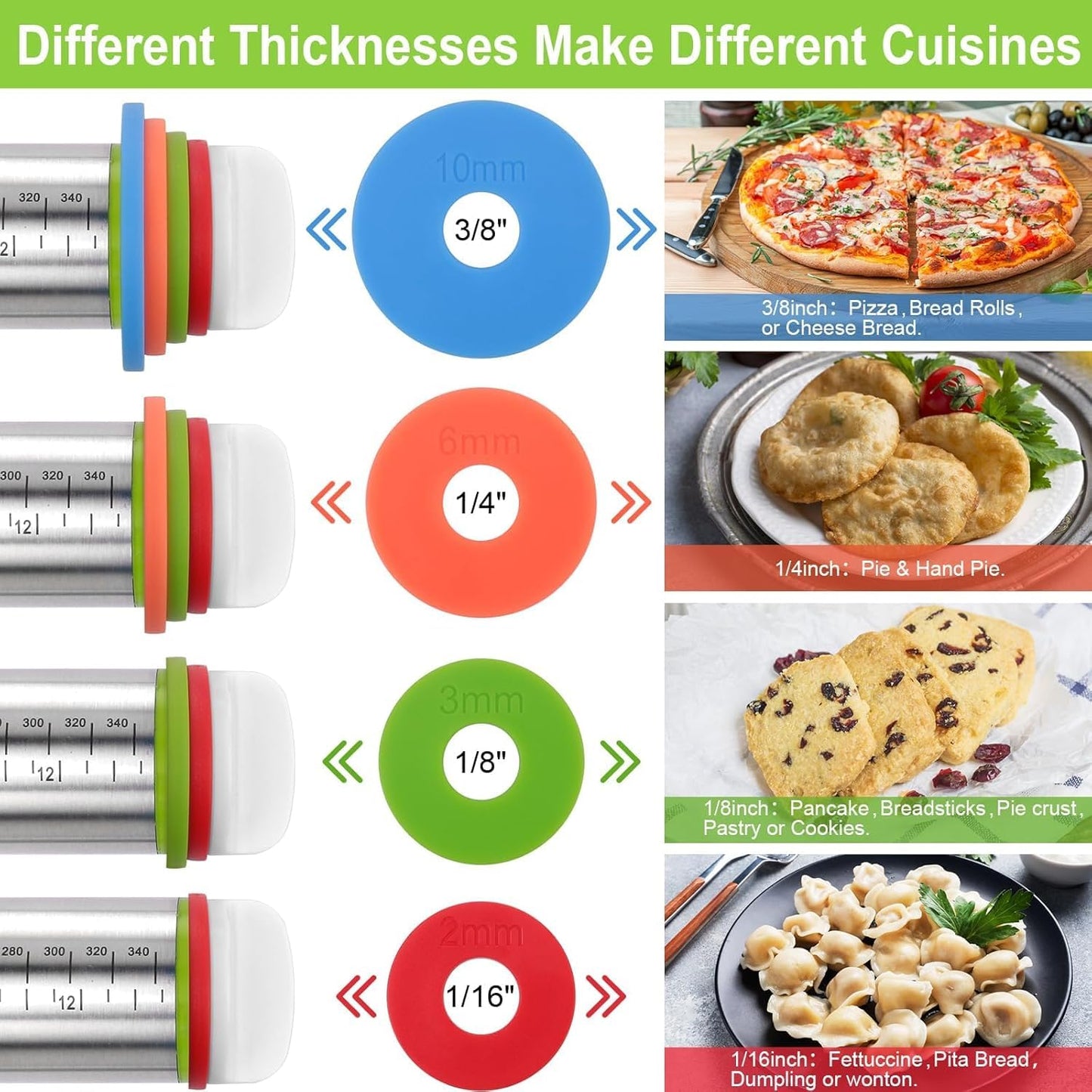 liboyixi Rolling Pin and Pastry Baking Mat Set, 17-inch Rolling Pins with Adjustable Thickness Rings, Stainless Steel Dough Roller for Baking Fondant, Pizza, Pie, Pastry, Pasta, Cookies (Red)