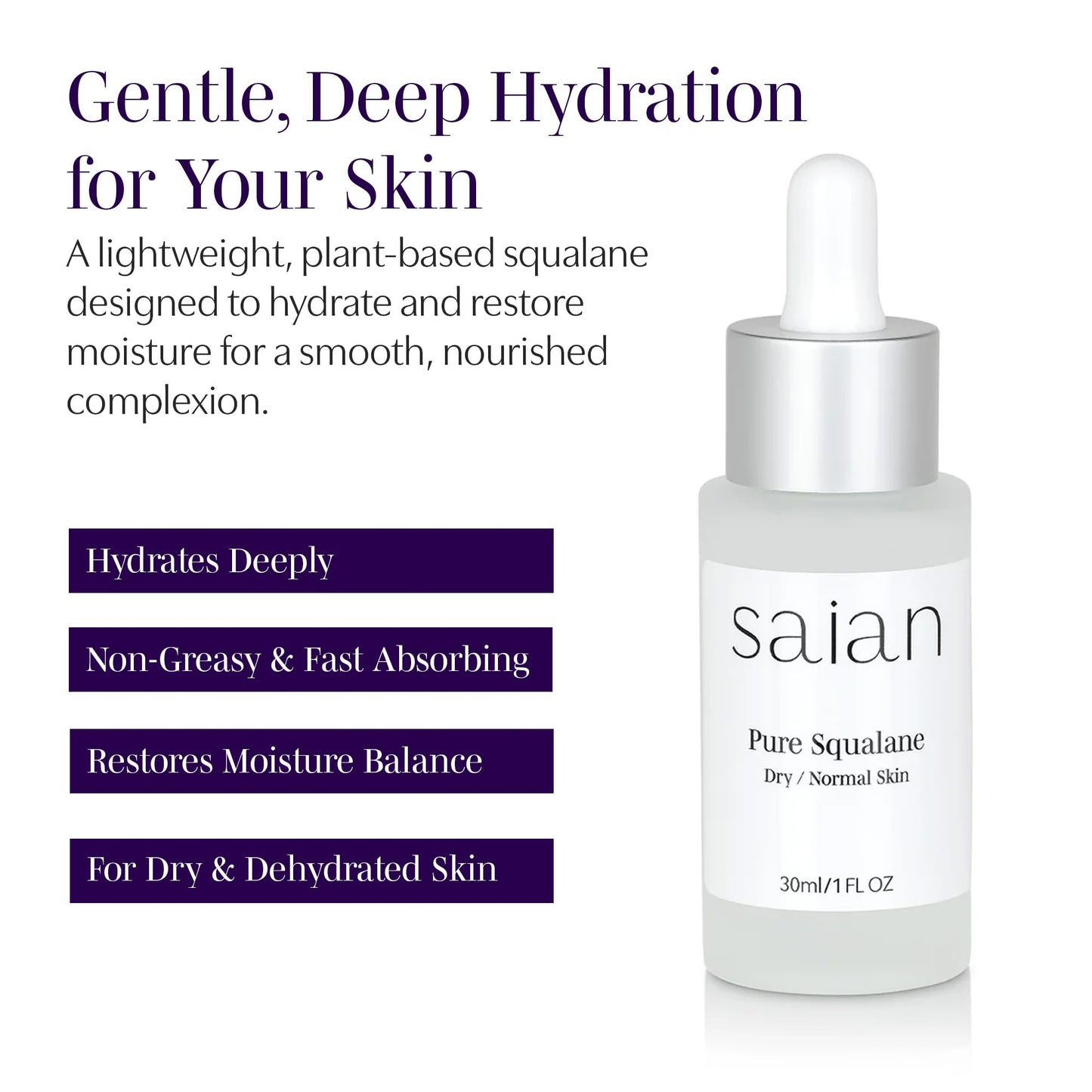 Saian Pure Squalane Oil for Face - Olive-Derived Facial Moisturizer for Dry, Sensitive, or Oily Skin - Hydrating, Non-Greasy, Gentle Skincare Essential for Daily Barrier Support & Radiant Glow - 30 ml