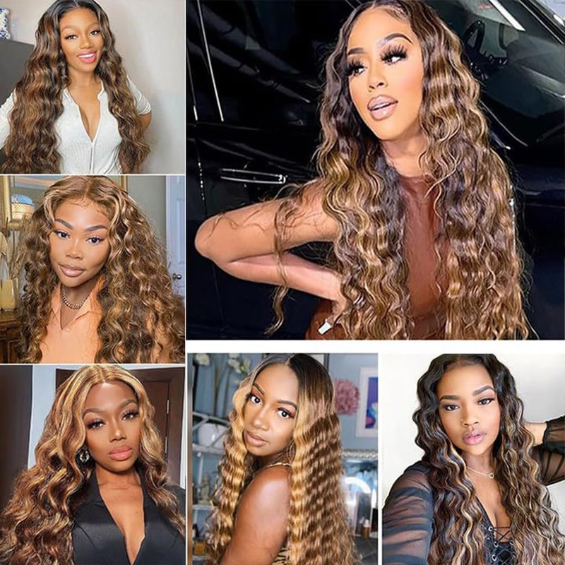 Brown Human Hair Bundles P427 Highlight Honey Blonde Deep Wave 3 Bundles Human Hair 14 16 18 Inch Double Weft Grade 12A Unprocessed Virgin Remy Hair 2 Tone #4 Mixed With Color 27 50g Per Bundle