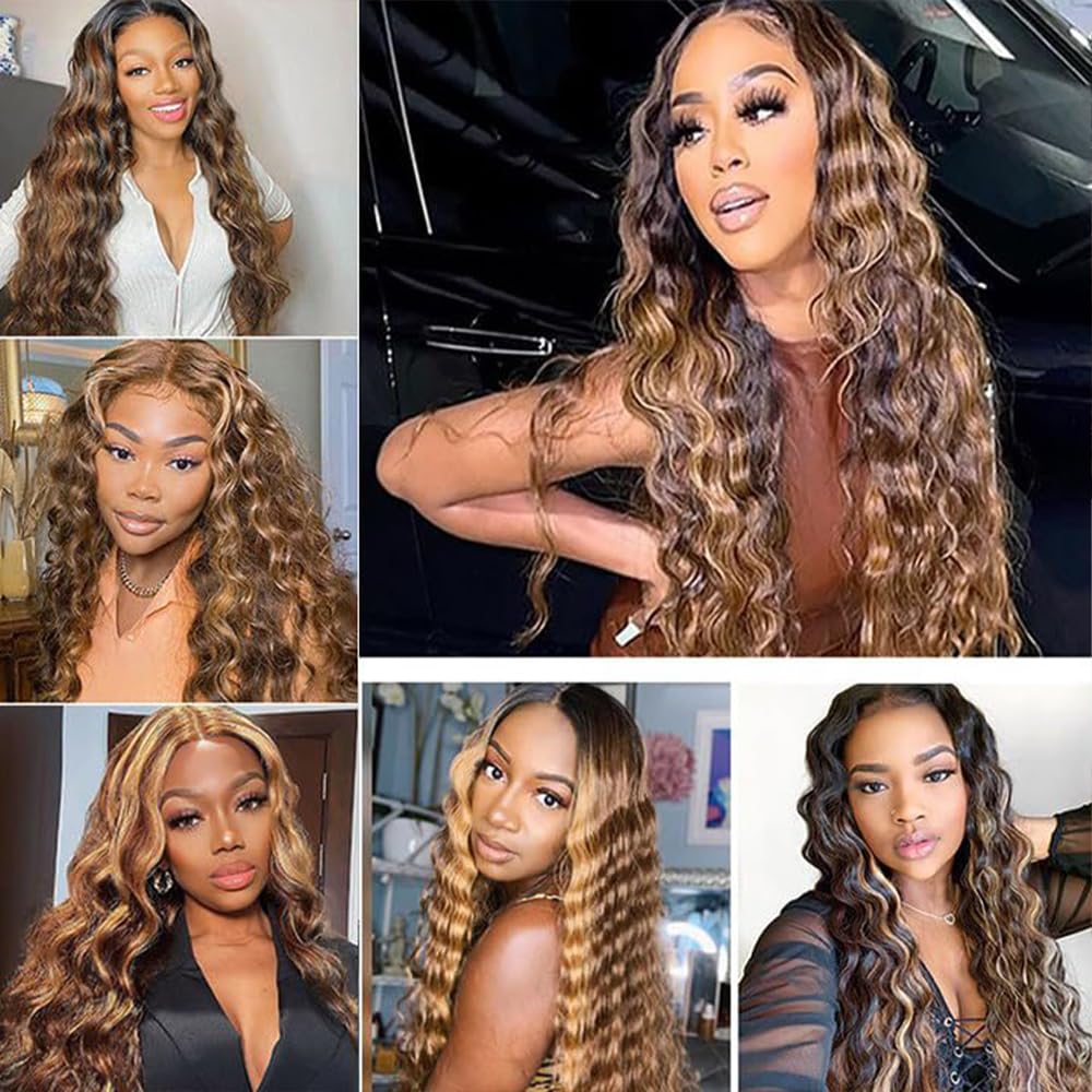 Brown Human Hair Bundles P427 Highlight Honey Blonde Deep Wave 3 Bundles Human Hair 14 16 18 Inch Double Weft Grade 12A Unprocessed Virgin Remy Hair 2 Tone #4 Mixed With Color 27 50g Per Bundle