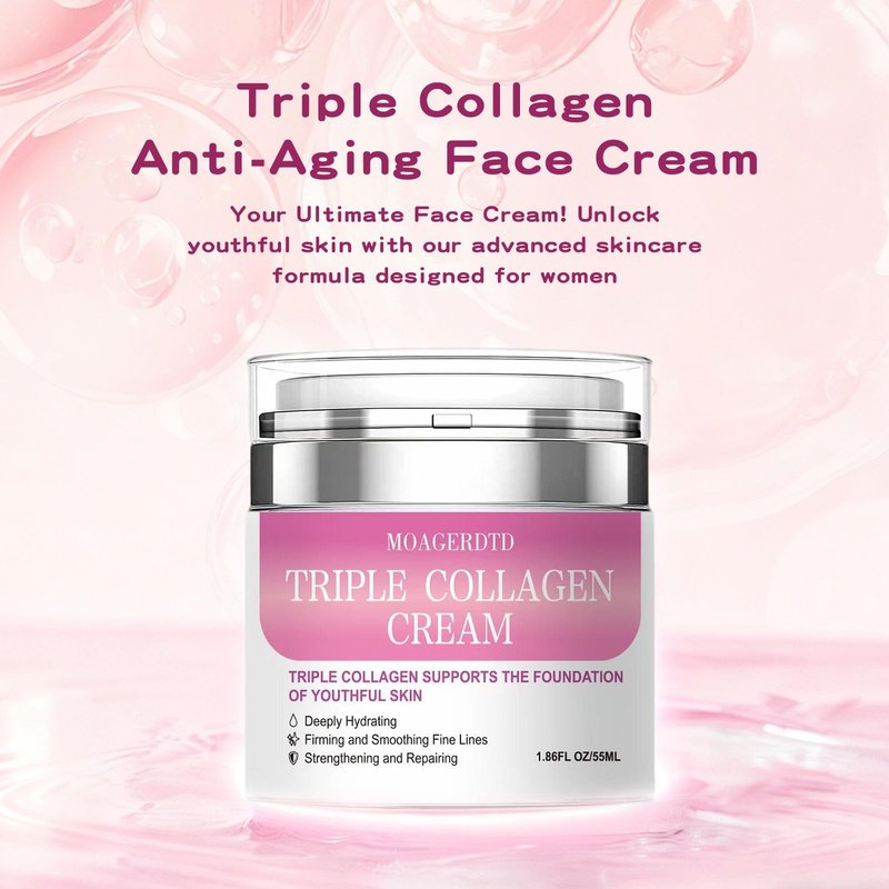 MOAGERDTD Triple Collagen Anti-Aging Face Cream - Hydrating & Firming Moisturizer with Hyaluronic Acid & Premium Elastin | Anti-Aging Wrinkle Care & Elasticity Booster - 1.86 oz