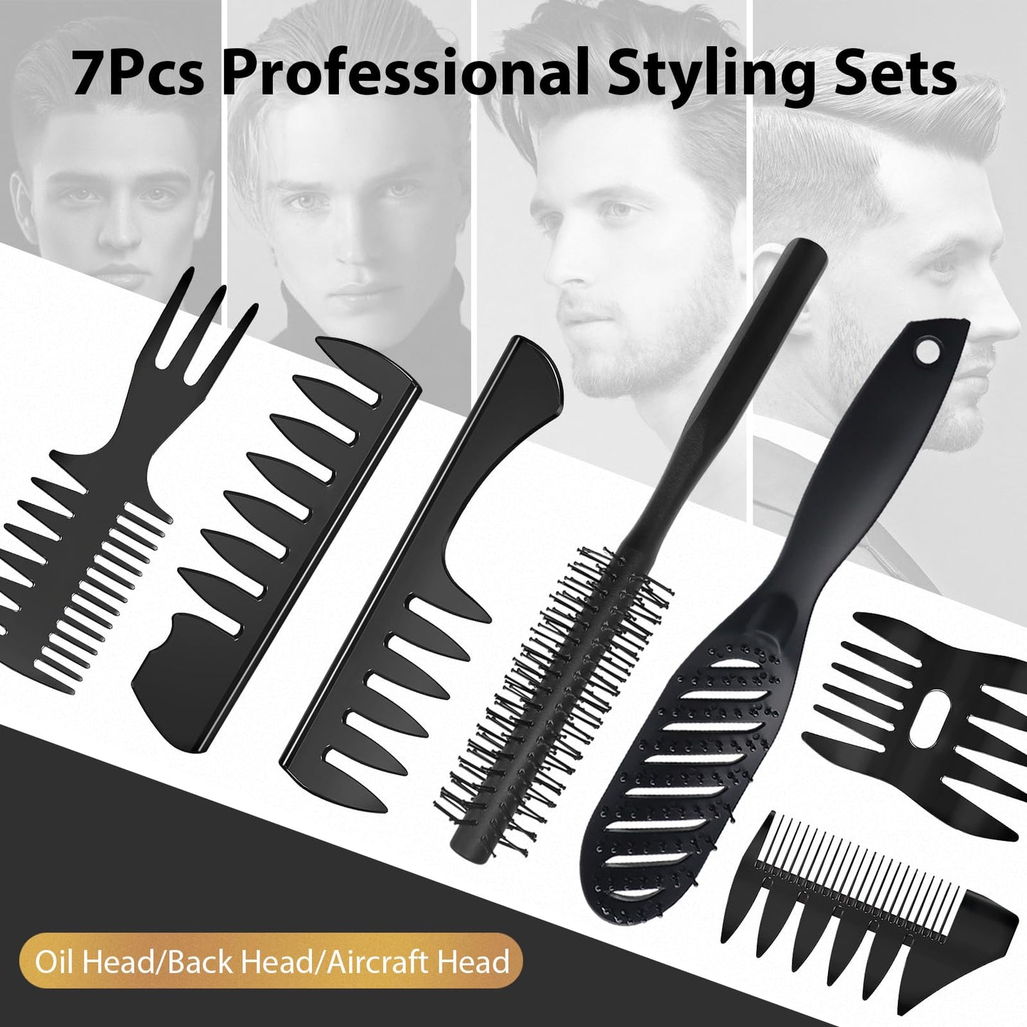 Hair Brush for Men, DUAIU 7Pcs Combs for Men, Hair Styling Comb Set with Vent Hair Brushes, Quiff Round Hair Brush, Wide Tooth Combs, Texture Comb for Blow Drying, Detangling, Grooming, Hairdressing