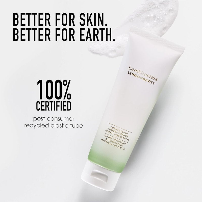 bareMinerals Skinlongevity Face Cleanser - Cream-to-Foam Makeup Remover | Gentle for All Skin Types, Strengthens Skin Barrier