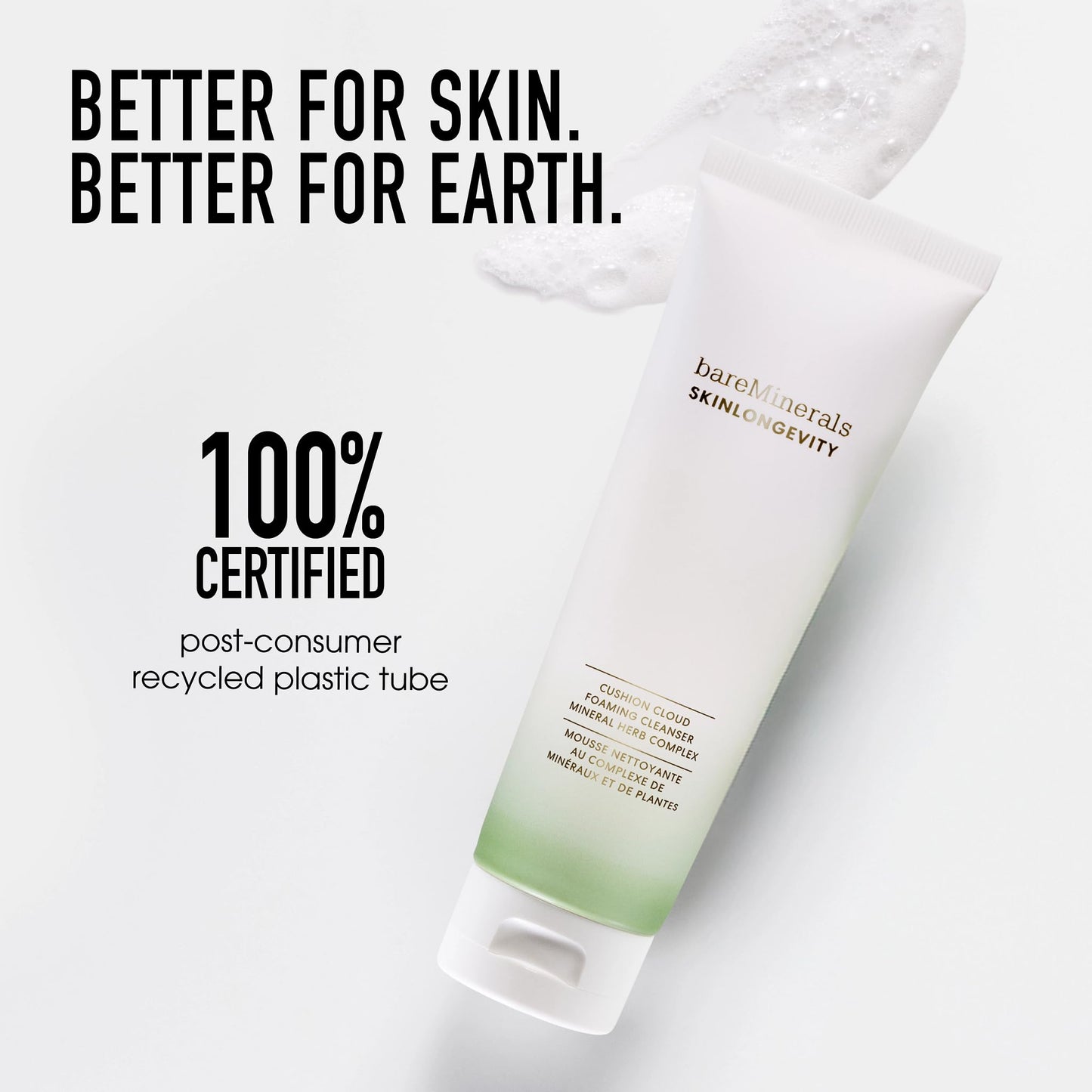 bareMinerals Skinlongevity Face Cleanser, Cream-to-Foam Cleanser with Mineral Herb Complex, Removes Makeup & Sunscreen, Gentle for All Skin Types, Vegan, Cruelty-Free & Dermatologist-Tested