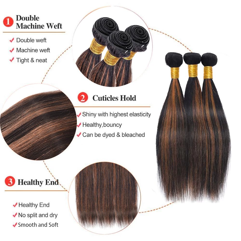Ombre #30 Human Hair Bundles - Highlight Piano Color, Straight Weave | Black & Light Brown Mix, 14/16/18 Inch Double Weft