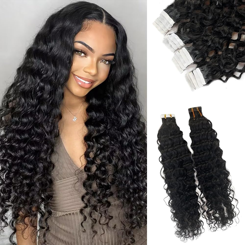 Curly Tape in Hair Extensions,14inch Natural Black Water Wave Real Human Hair Tape in Extensions 20pcs 50g Black Wavy Tape on Hair Extensions for Black Women