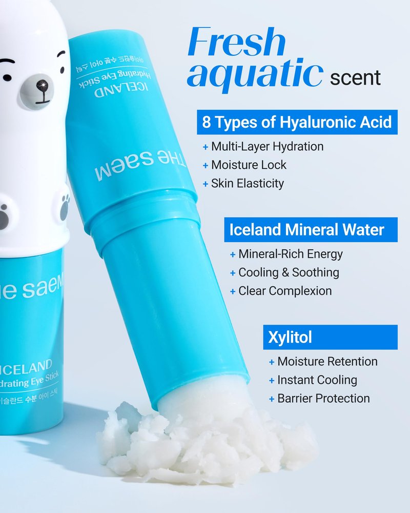 THESAEM Iceland Hydrating Eye Stick Bundle - 2 Pack (Hydrating + Collagen) 0.38 oz each - Cooling Balm for Dark Circles, Puffiness & Wrinkles - Under Eye Treatment with Niacinamide & Collagen