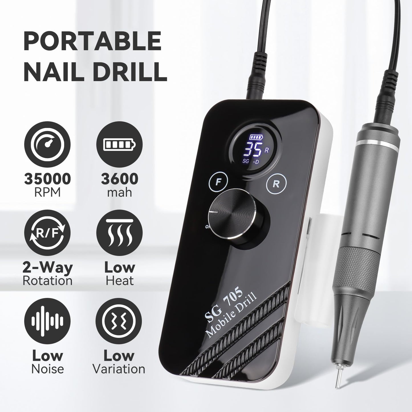 SG705 Mobile Drill Portable Nail Mobile Drill for Professional Manicure and Pedicure, Precision Electric Nail Tool for Smooth Nail Shaping and Polishing, Cordless and Rechargeable