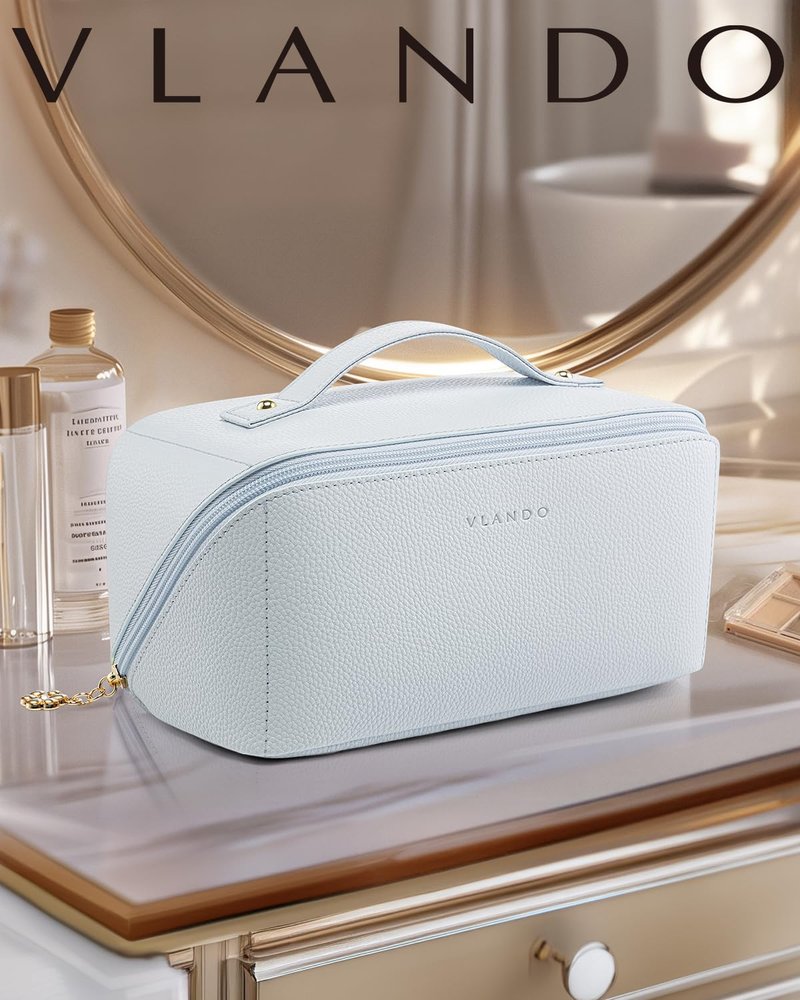 VLANDO Makeup Bag,Travel Toiletry Bag,Cosmetic Bag for Women PU Leather Portable Make up Bag for Skincare, Brushes & Travel Essentials-Baby Blue