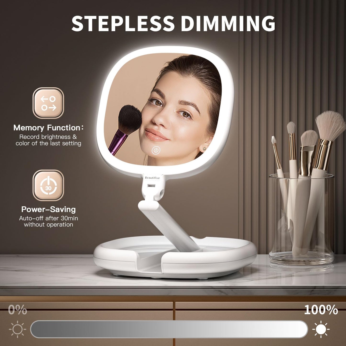 Beautifive 6.3" Makeup Mirror, 1X/8X Magnification, 3 Light Modes, Plug-in or Battery Operated Double-Sided Lighted Vanity Mirror, Adjustable Height Stand for Home, Women
