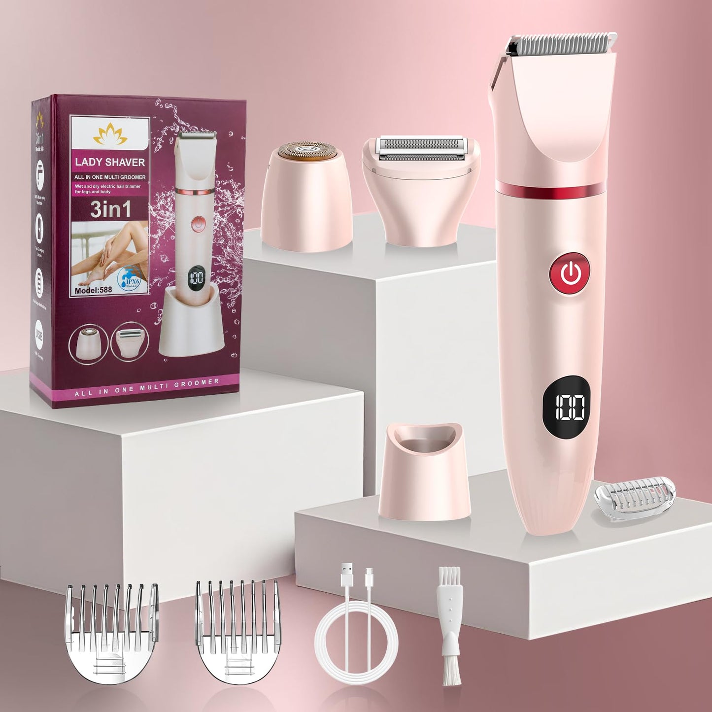 Zesuti Bikini Trimmer for Women- 3 in 1 Painless Electric Razors for Women,Waterproof Pubic Hair Trimmer and Facial Hair Remover,LCD Display Body Shaver for Trip,Rechargeable Women's Grooming Kit