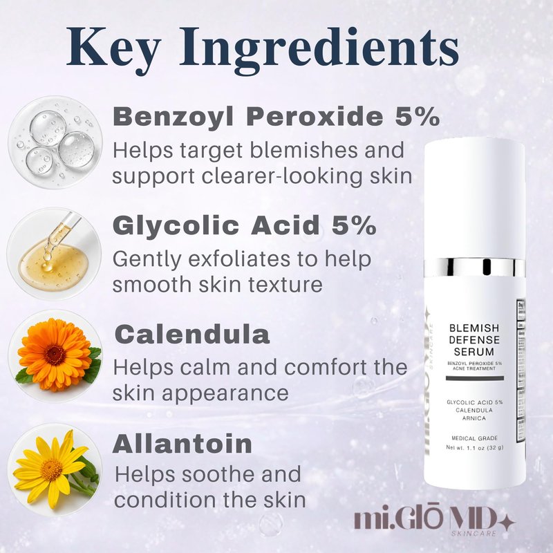 mi.Glo Blemish Defense Clarifying Facial Serum 1.1 oz with Glycolic Acid, Niacinamide & Hyaluronic Acid | Lightweight Daily Face Serum for Oily & Blemish-Prone Skin | Oil Balancing Skincare