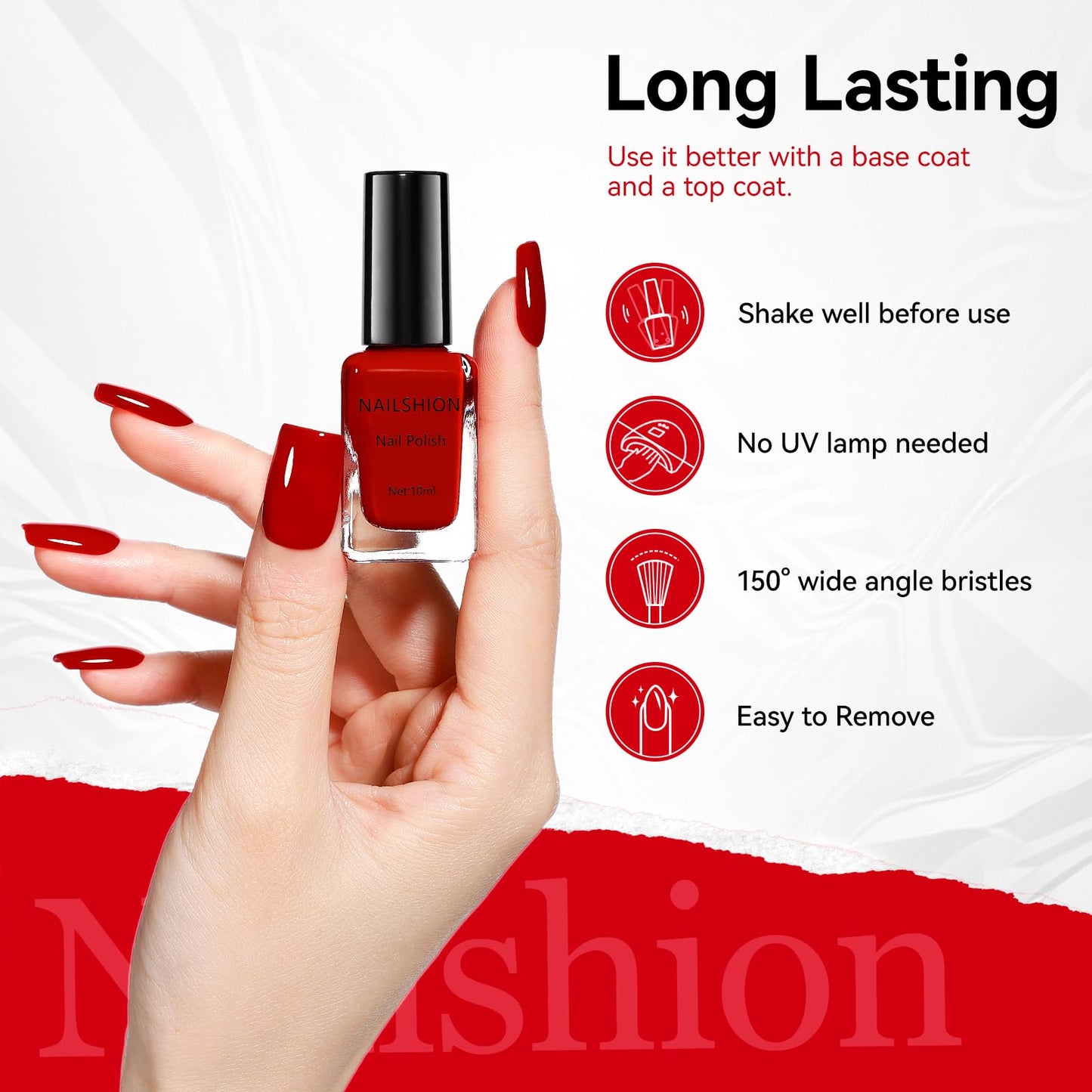 Nailshion Red Nail Polish French Nail Art Regular Nail Polish 9-Toxic Free Vegan Enrich with Castor Oil Fast Air Dry 375 Classic Toe Fingernail Polish Manicure Salon DIY Design at Home
