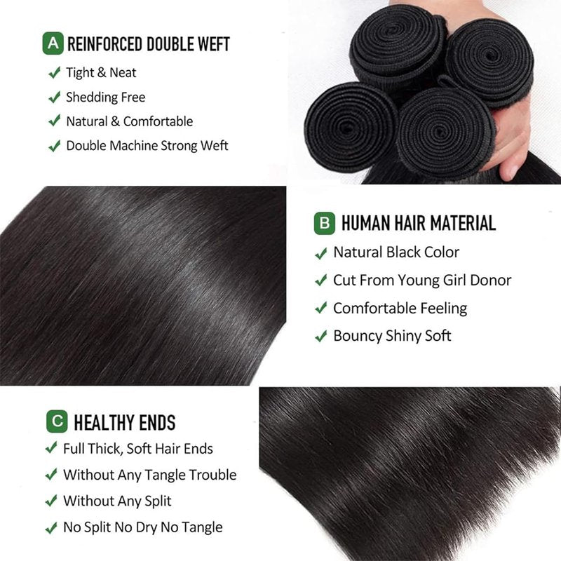 Brazilian Straight Hair Bundles - 100% Unprocessed Virgin Remy Hair | 8-14 Inch Natural Black Extensions