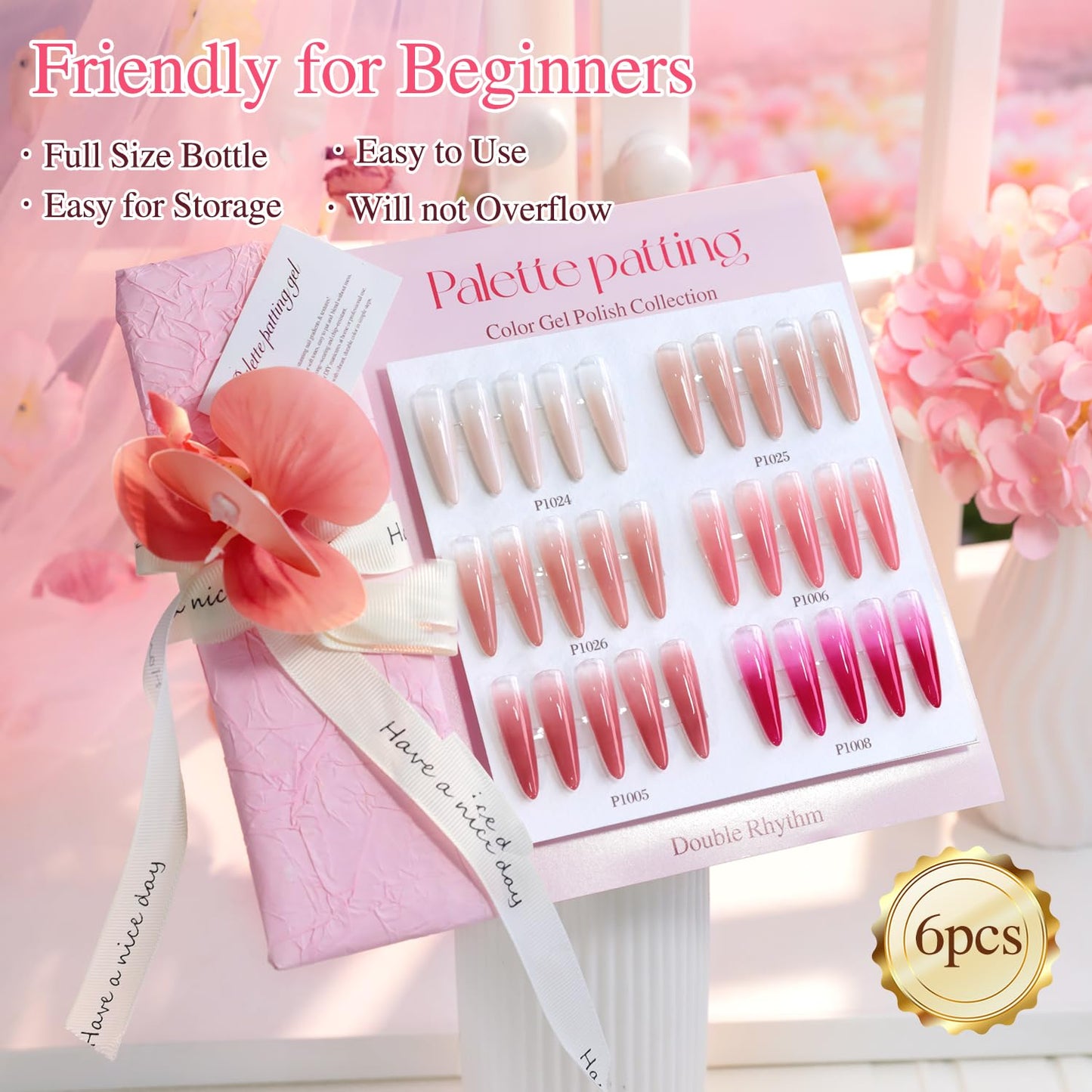 Double Rhythm Painting Gel Polish Set for Nail Art Palette Patting Gel Polish 6 Colors with 100 Pcs Sponges and Grabbing Pen (Neutral Nude Rose-T6-66)