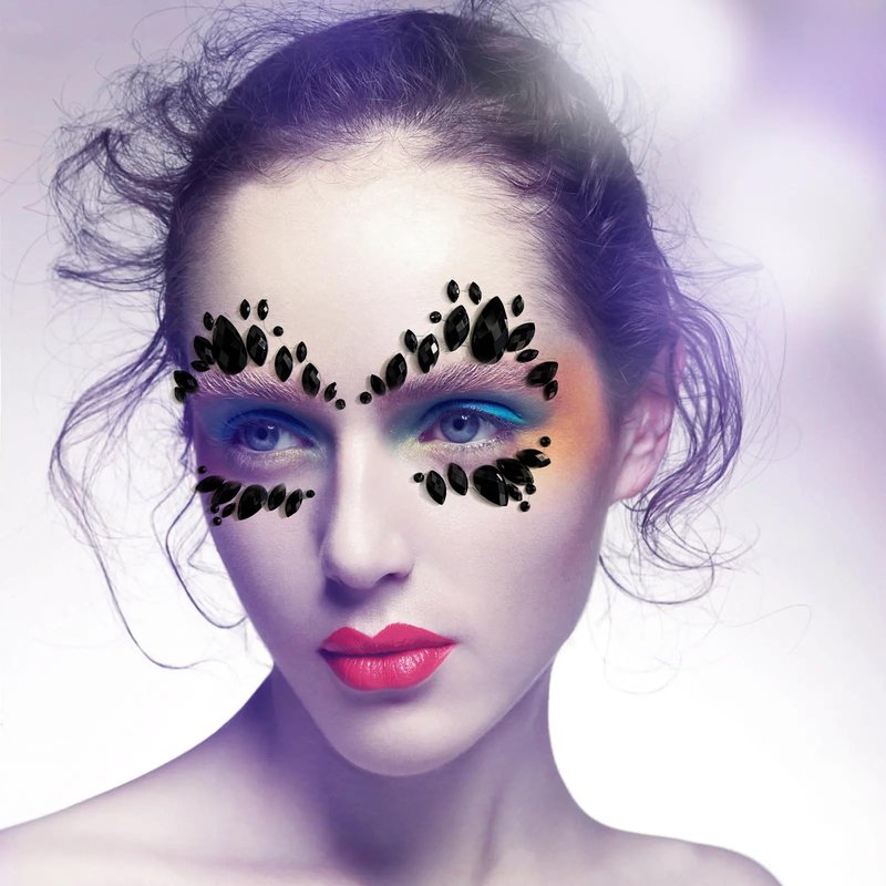 KOTBS 6 Sheets Black Face Gems, Self-Adhesive Rhinestone Face Jewels for Festivals, Halloween, and Costume Parties, Large