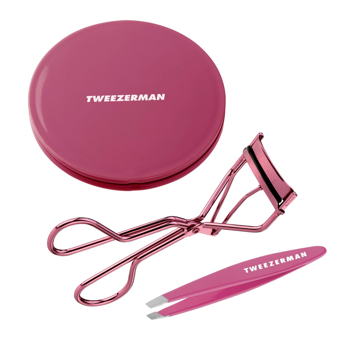 Tweezerman Brow & Lash Set - Compact Mirror, Mini Slant Tweezer and Lash Curler for All Eye Shapes