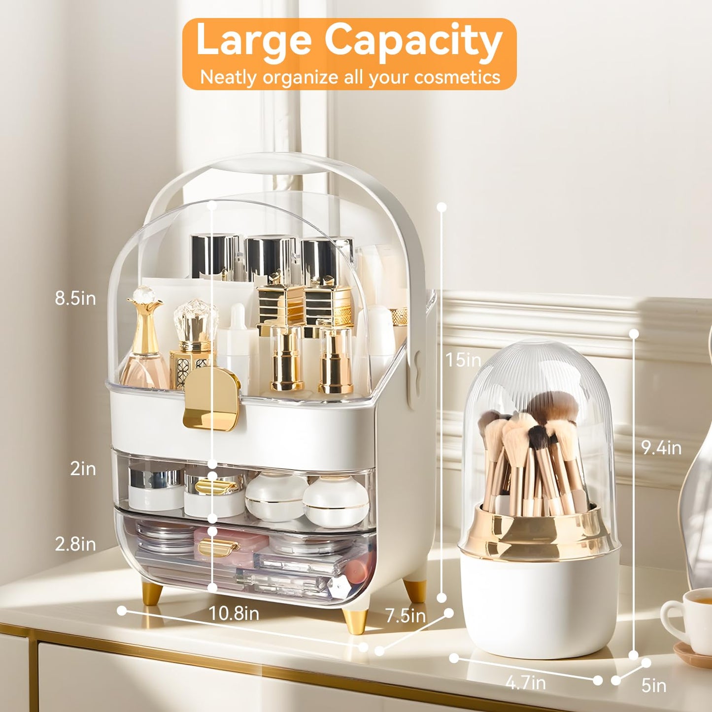 Makeup Organizer for Vanity with Brush Holder, Lid and 2 Drawers, Rose Gold