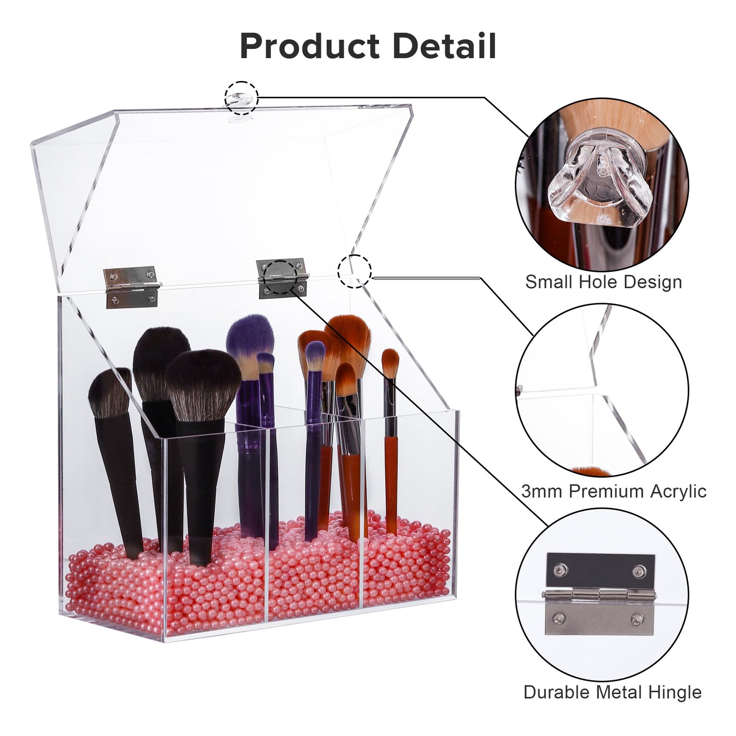 LOHRYVIO Acrylic Makeup Brush Holder with Lid - Clear Cosmetic Makeup Brush Organizer and Storage Box with Cover for Vanity - Large Capacity 3-Slots Container for Brushes (Clear)