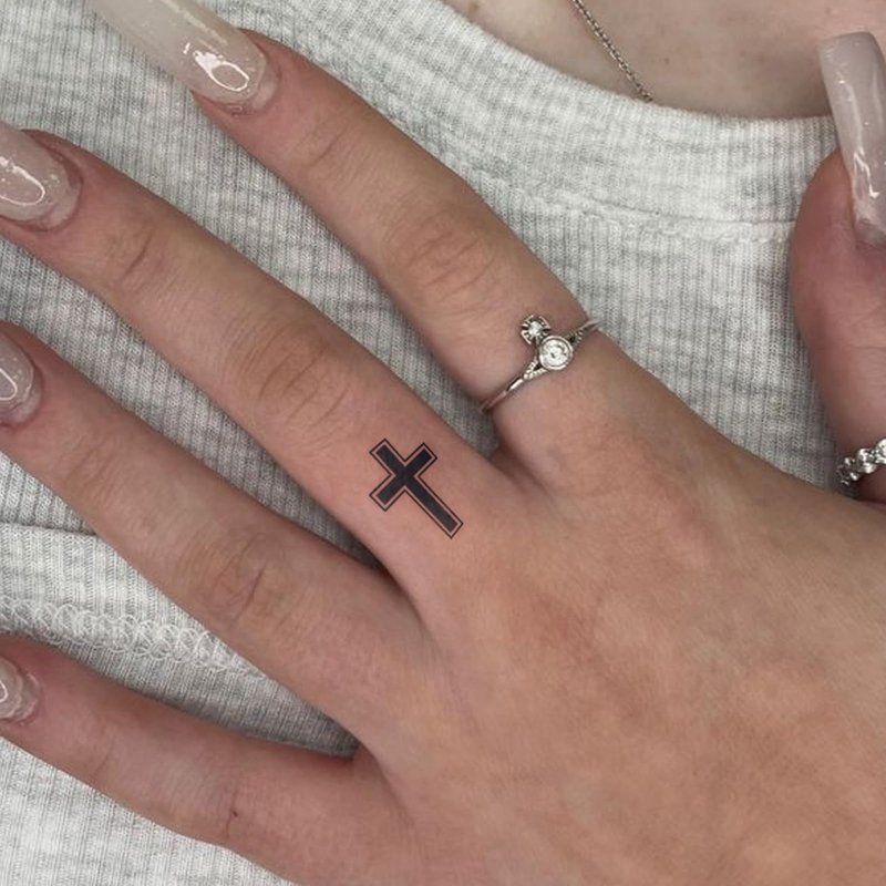 UBICA Semi Permanent Tattoo, 2 Sheets Tiny Finger Christian Temporary Tattoos for Women Men, Realistic Minimalist Small Tattoos for Hand Neck, Lasts 1–2 Weeks, Waterproof & Non-Reflective (Cross)