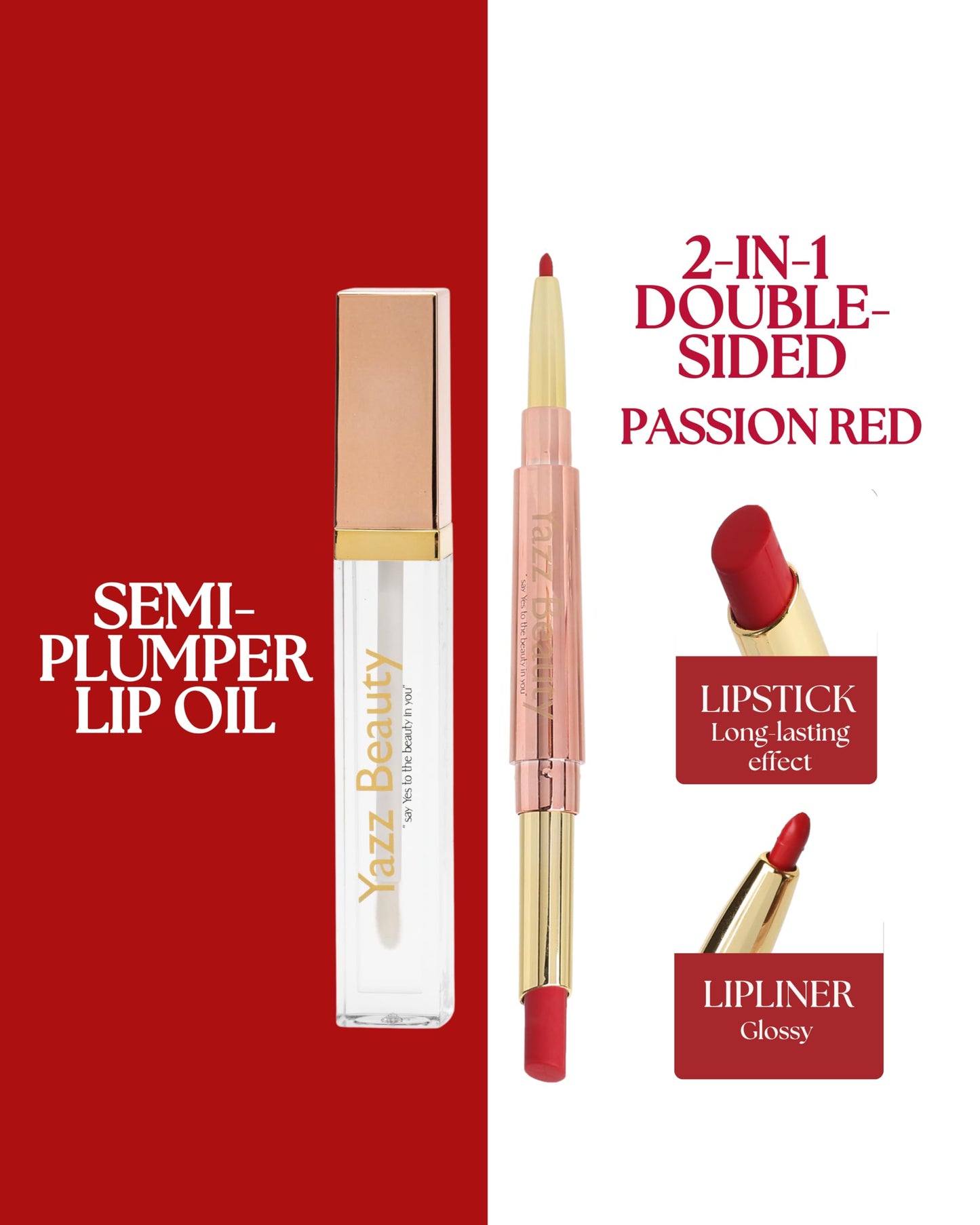 YazzBeauty 3-in-1 Lip Plumper Kit – Long-Lasting Passion Red Lip Liner and Lipstick Combo and Hydrating, Volumizing Lip Plumper Gloss - Complete Lip Makeover to Start Your Day
