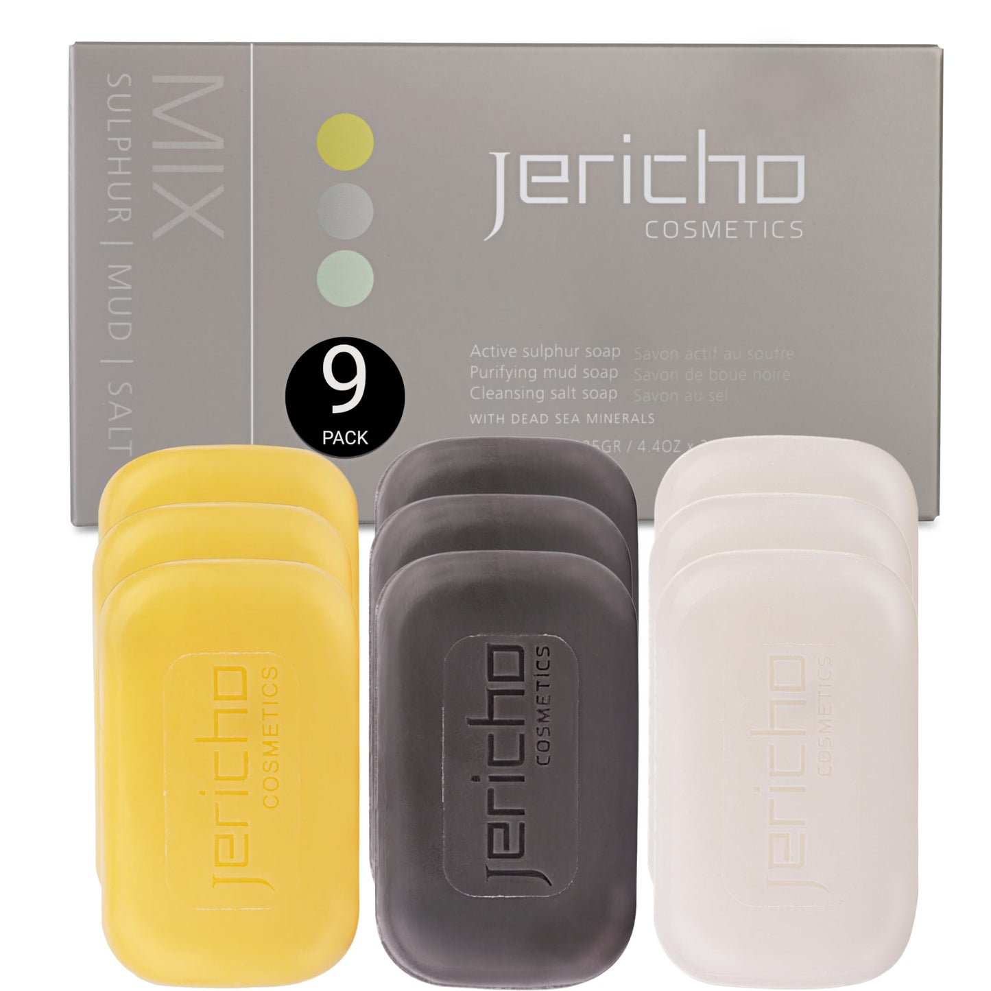 Jericho Dead Sea Soap Bar Variety Pack – 3 Bars (Cleansing, Sulfur, Mud) – Mineral-Rich Face & Body Soaps for All Skin Types, Oily Skin, and Acne Care - 4.4 oz / 125g (Pack of 9)