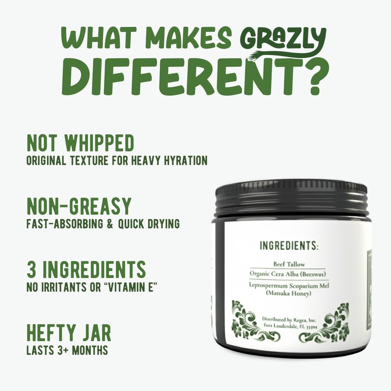 Grazly Original Beef Tallow & Manuka Honey Balm | 100% Grass‑Fed & Finished Beef Tallow, Raw Manuka Honey, Beeswax | Deeply Moisturizing & Repairing Skincare Balm | 3 oz Jar