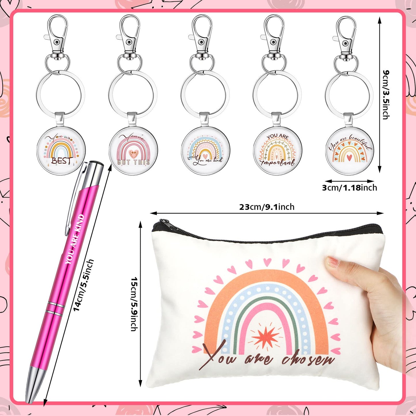 Chunful 36 Pcs Rainbow Canvas Makeup Bags Inspirational Gifts Bulk Keychains and Pastel Pens Motivational Cosmetic Bag for Mom Women Mother's Day Appreciation Gifts Birthday Party Favors