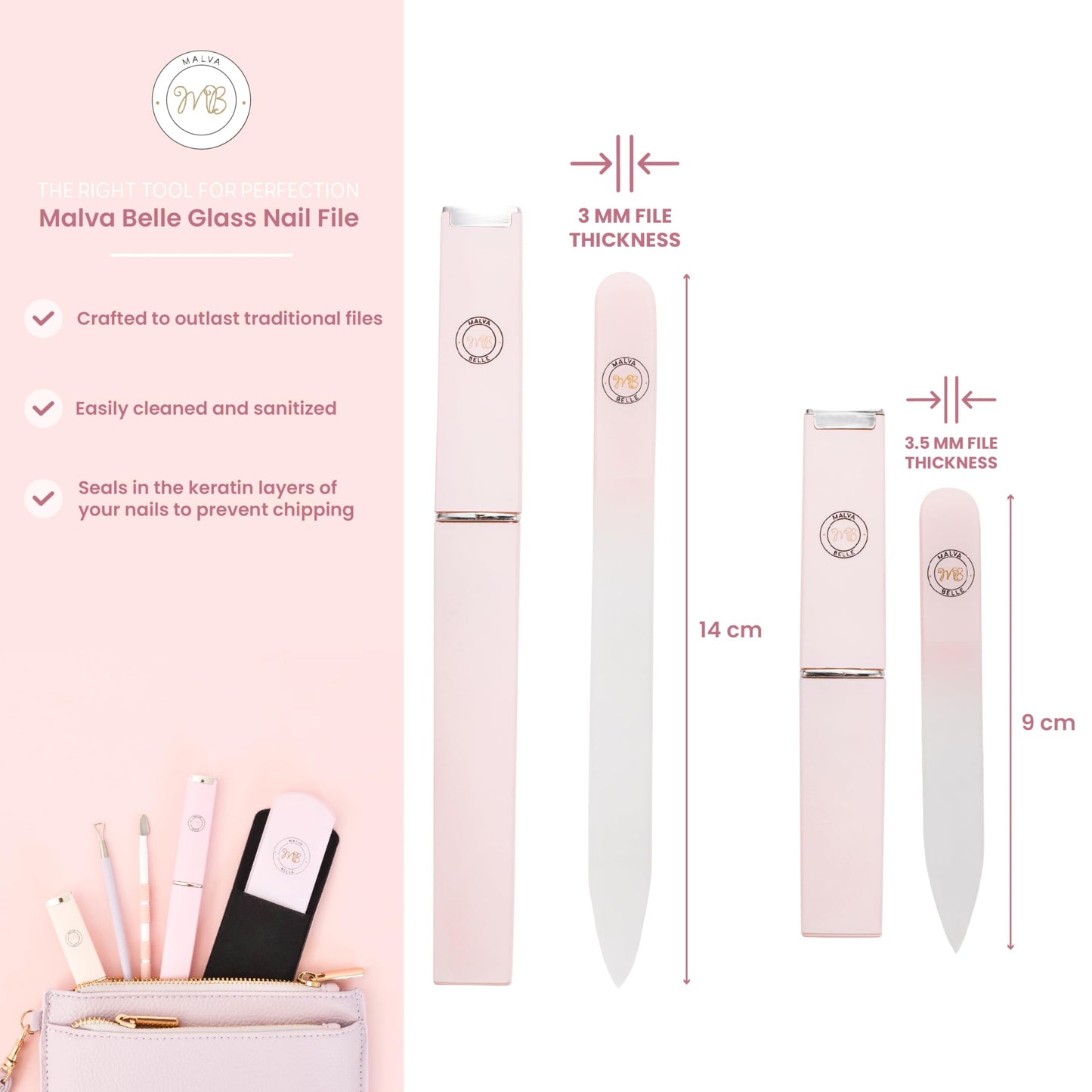Malva Belle Crystal Glass Nail File Set for Women - 2 Pack Gift Set with Travel Cases - Best Reusable Files for Natural Nails & Gel - Professional Czech Glass - Great Gift for Women - Pink (3mm)