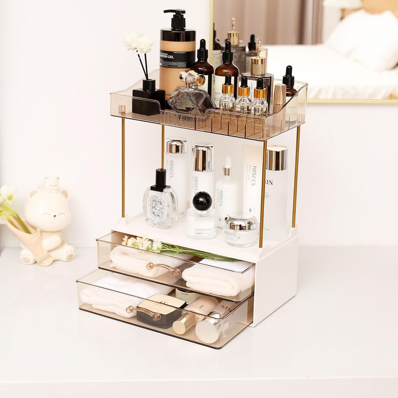 2-Tier 2-Drawer Bathroom Countertop Organizer, Multi-Purpose Makeup Organizer for Vanity, Large Skincare Countertop Organizer, Cosmetic Display Case for Dresser, Elegant Gifts for Women, Clear