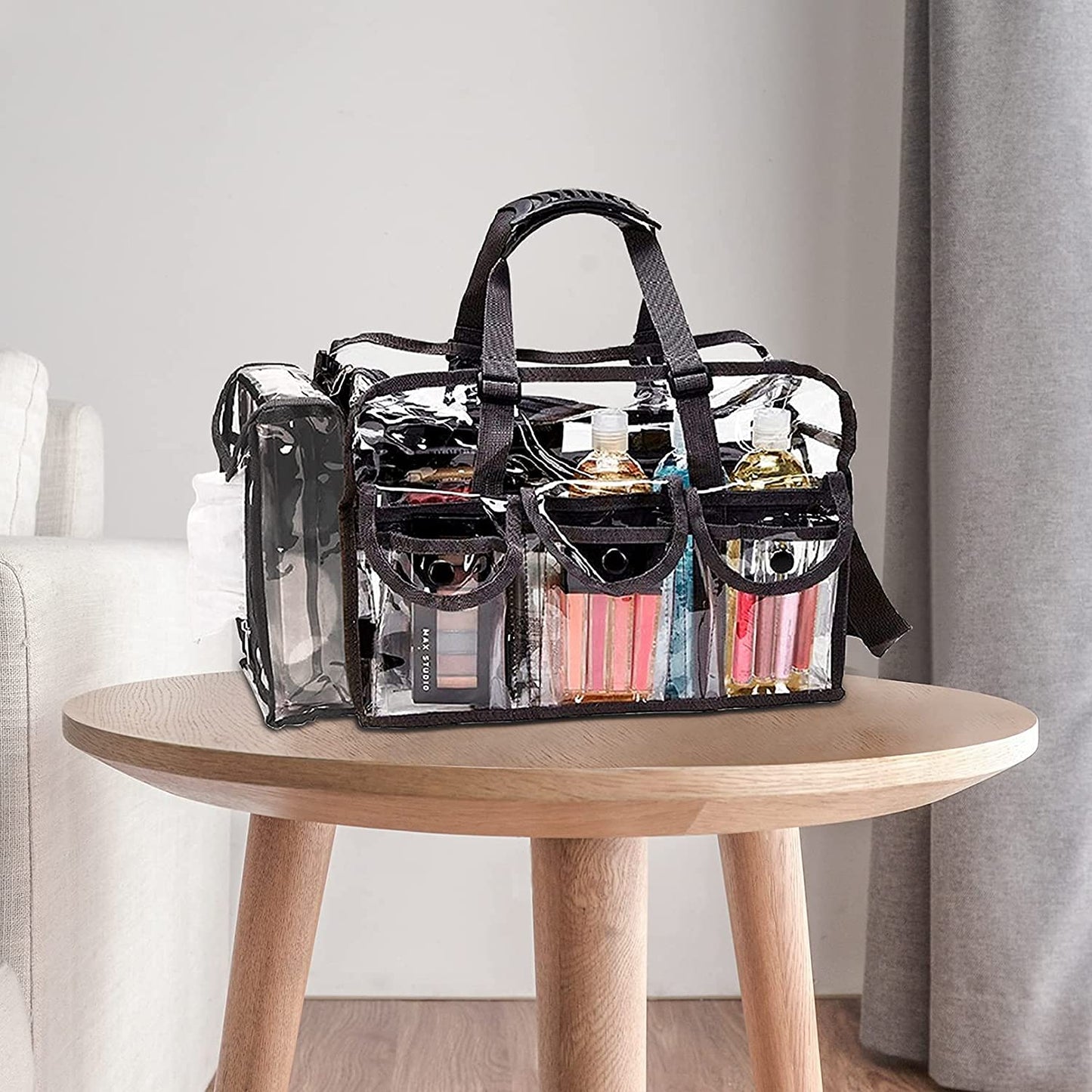 Enkrio Clear Cosmetics Bag Transparent Travel Makeup Bag with 4 External Pockets and Shoulder Strap Zippered Toiletry Carry Pouch Beach Bag