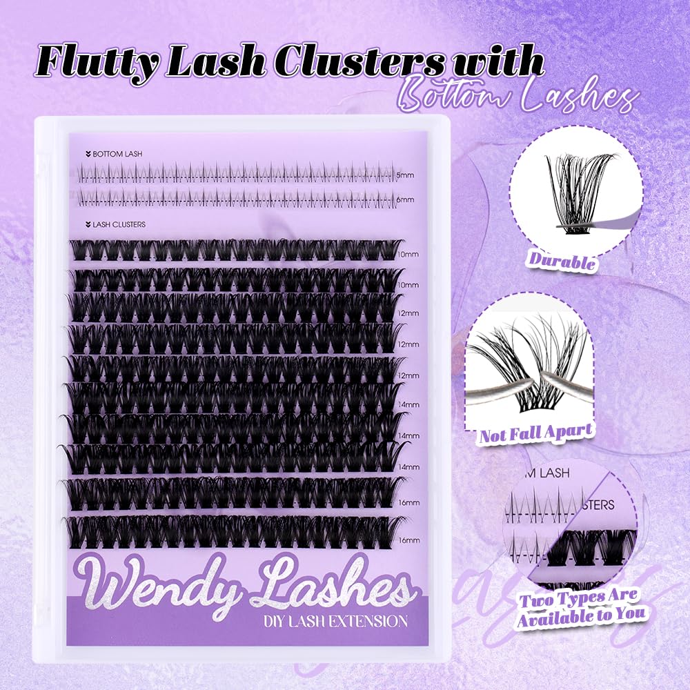 WENDY LASHES 50D Natural Lash Clusters with Bottom lashes 249PCS Individual Eyelash Extensions Reusable False Eyelashes Mix 10-16mm D-Curly Lash Extension at Home