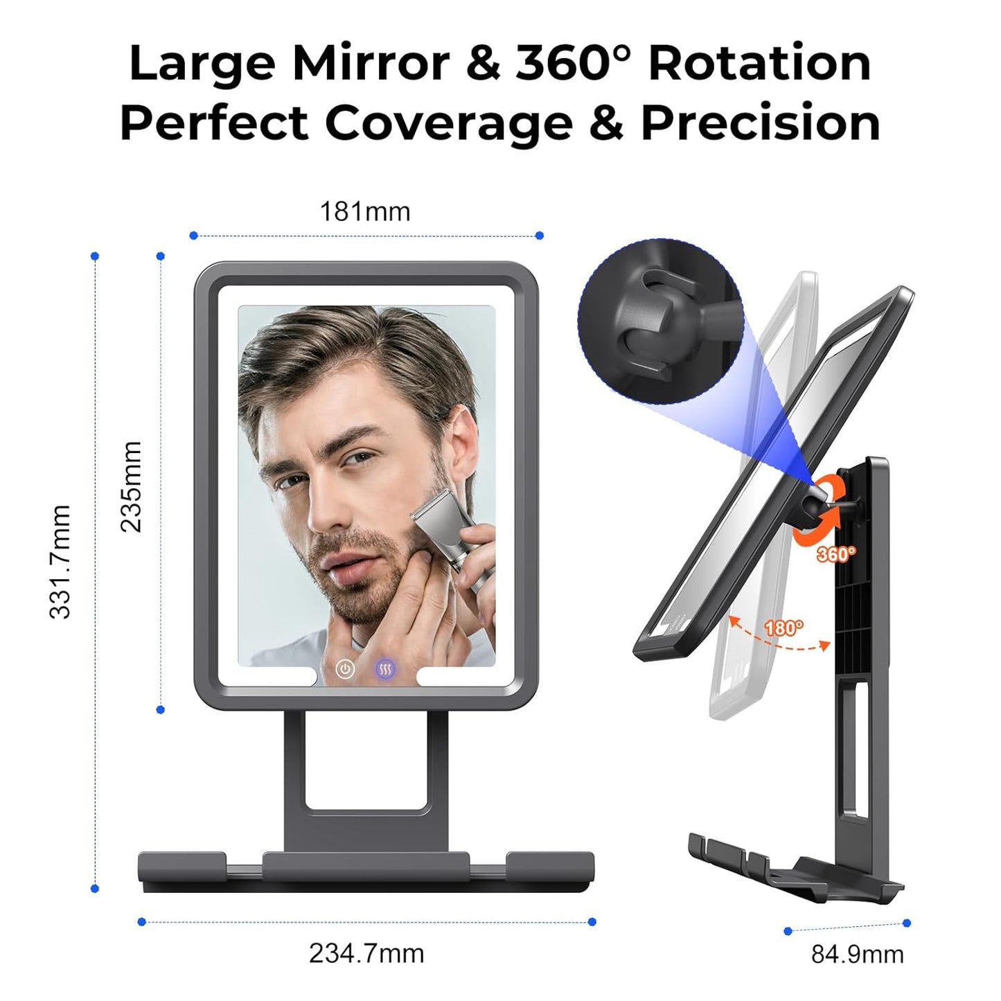 Fogless Shower Mirror for Shaving - Dimmable LED Lighting, Anti-Fog Heating, 360° Rotation | Black with Large Storage Shelf