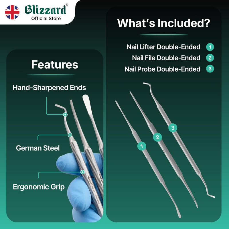 Blizzard Premium Blacks File Foot Care Pedicure Kit – 3-Piece Ingrown Toenail Kit – Double-Sided Toenail Cleaner, Nail File & Nail Lifter – Stainless Steel Podiatry Tools Professional Nail File Set