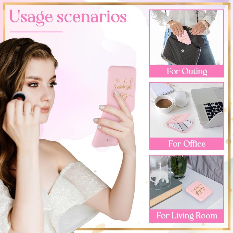 Grinsvalley 6 Pcs Hello Gorgeous Compact Mirror Pink 1x/2x Magnification Makeup Mirror Pocket with LED Light for Purse, Travel, Gorgeous Gift for Woman Mother Nurse Bridesmaid Sleepover Spa Party