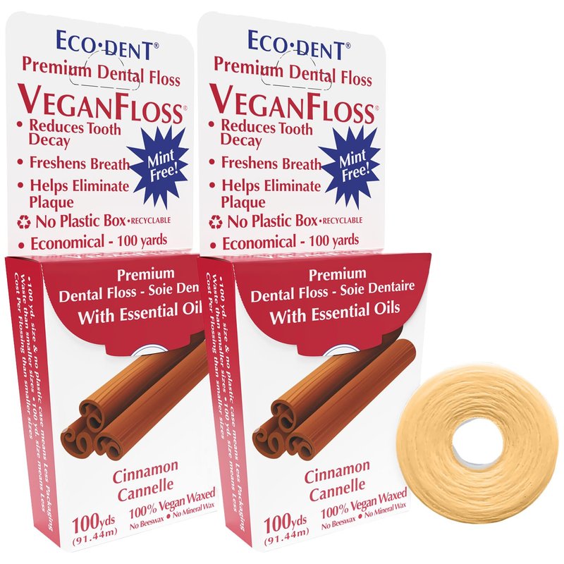 Eco-Dent VeganFloss Dental Floss, Waxed, Cinnamon - Floss with Vegan Plant-Based Wax, Recyclable Cardboard Packaging, 100 Yds (Pack of 2)