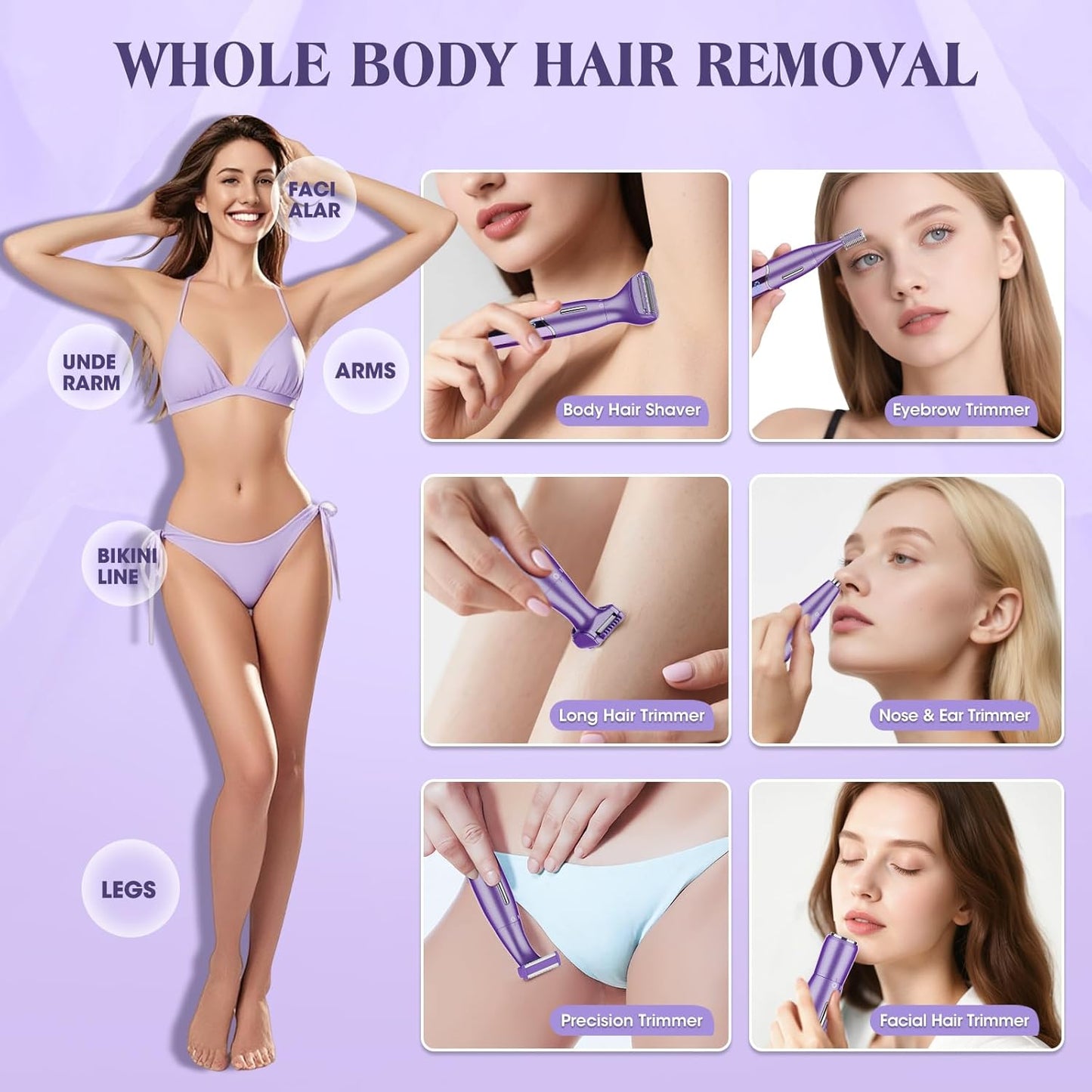 Electric Razor for Women - 6-in-1 Bikini Trimmer & Shaver for Body, Face, Eyebrow Hair Removal | IPX5 Waterproof