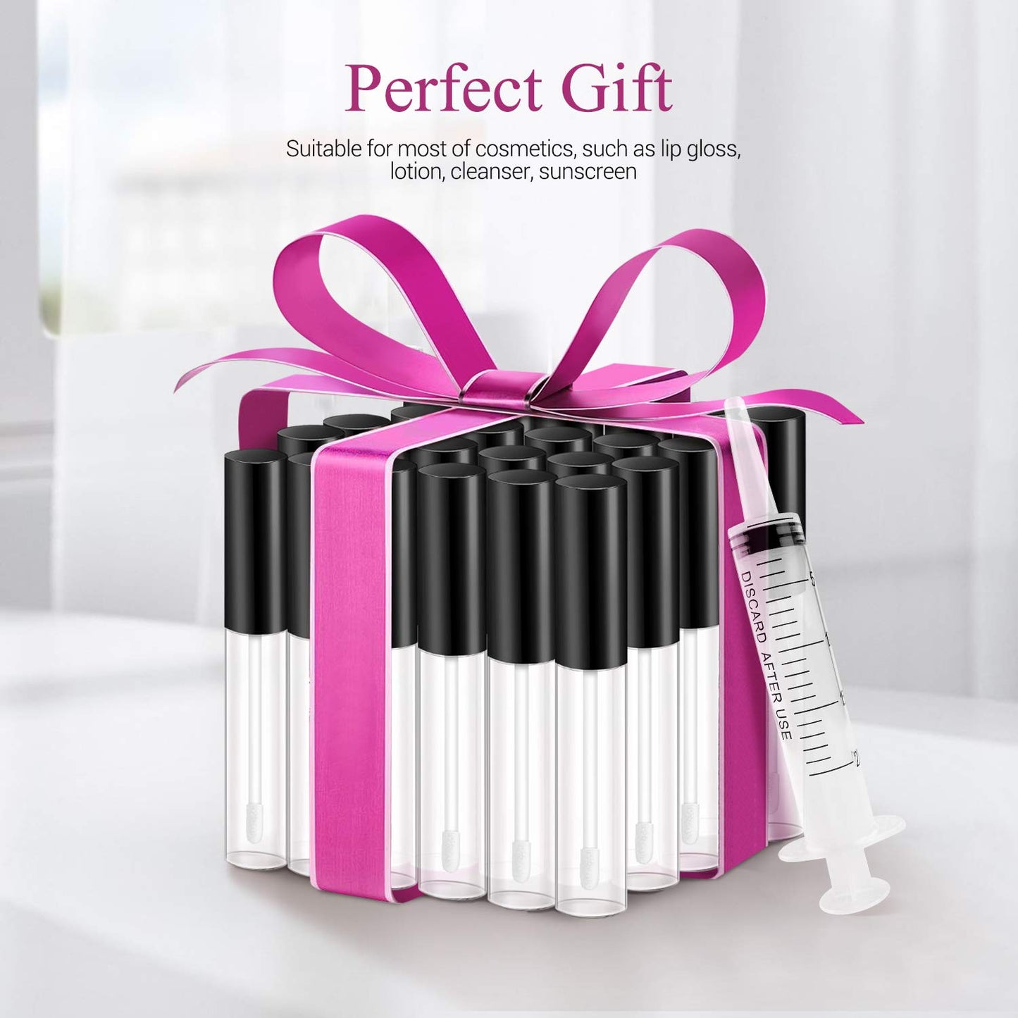 KPX 30 Pcs lip Gloss Tube Containers Bulk Wand 10ml Empty Clear Pink Lip Oil Tubes Refillable Lip Balm Bottles with Rubber Insert for DIY Makeup Such as Lip Samples, Homemade Lip Balm(Black)
